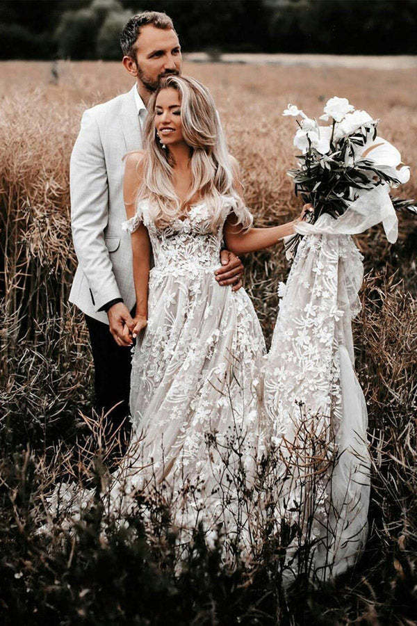 Off The Shoulder Ivory Tulle Lace Appliqued Wedding Dresses