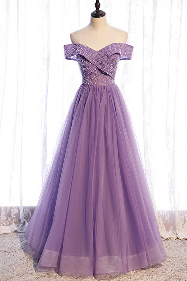 Off The Shoulder Organza Long Prom Dress Beaded Evening Dress