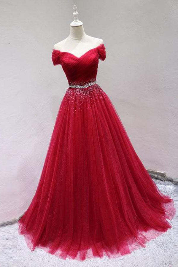 Off The Shoulder Tulle Long Prom Dress With Beading