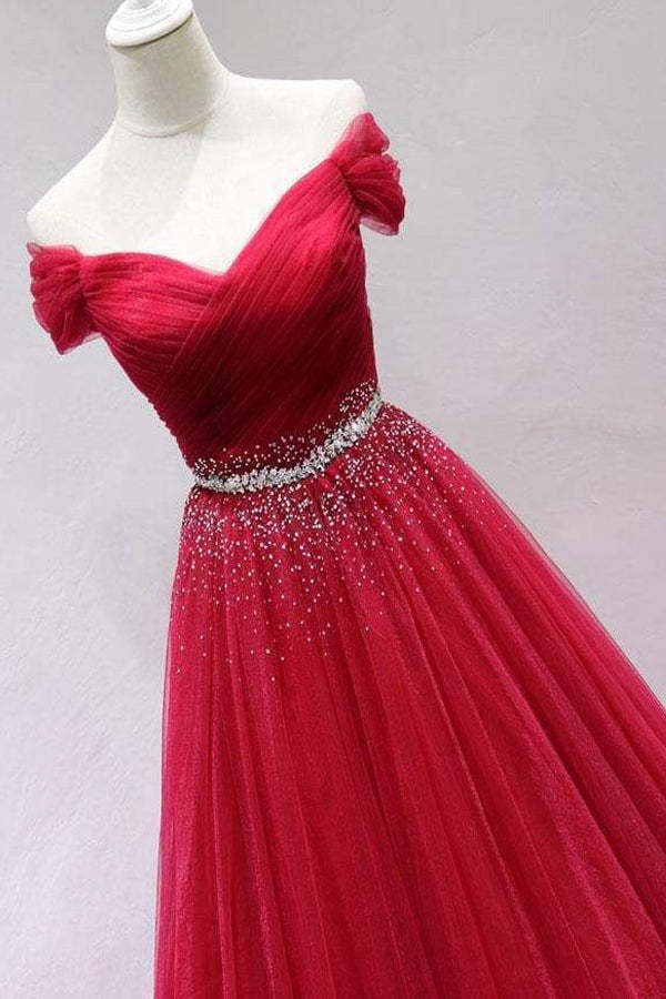 Off The Shoulder Tulle Long Prom Dress With Beading