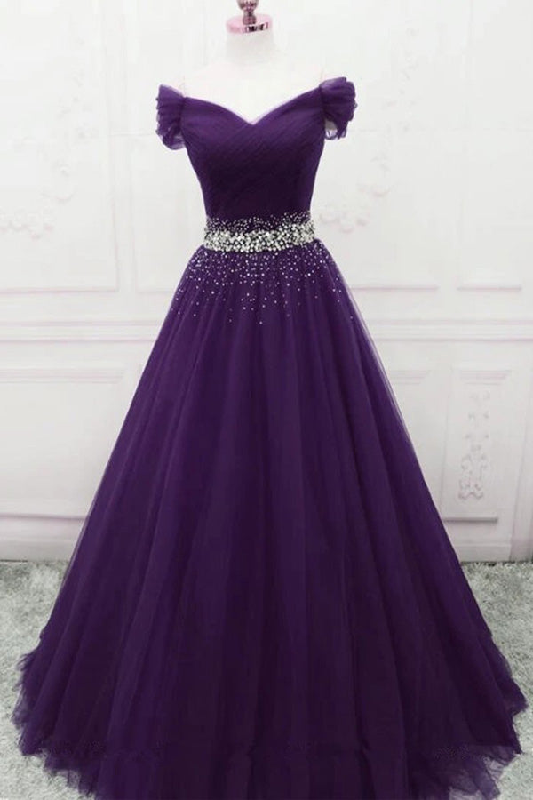 Off The Shoulder Tulle Long Prom Dress With Beading