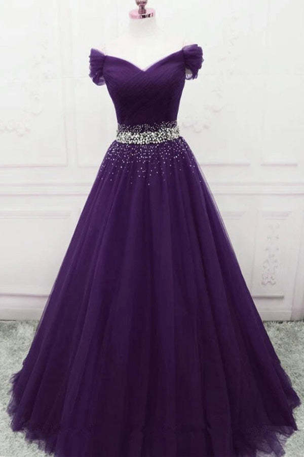 Off The Shoulder Tulle Long Prom Dress With Beading