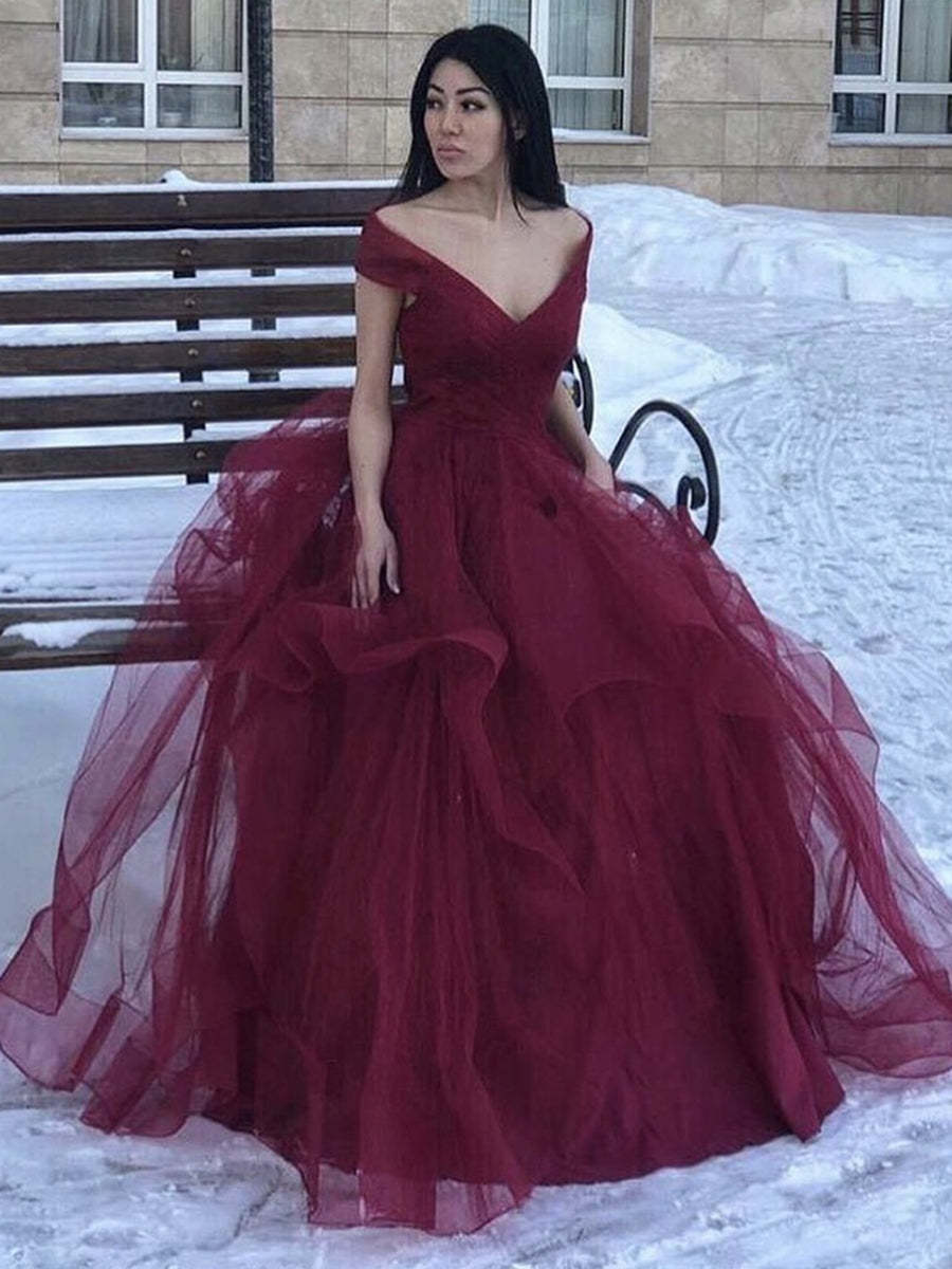 Off the Shoulder V Neck Burgundy Long Prom Dresses 2020, Off Shoulder Burgundy Formal Dresses, Fluffy Burgundy Evening Dresses