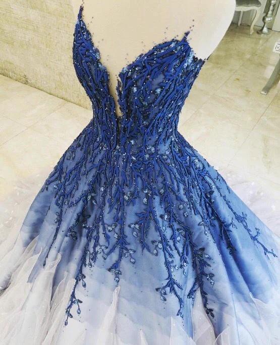 Ombre Ball Gown Lace Appliqued Long Prom Dress