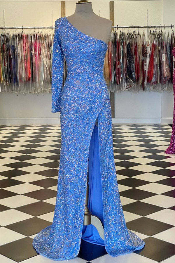 One Shoulder Sequins Long Prom Dress With Slit