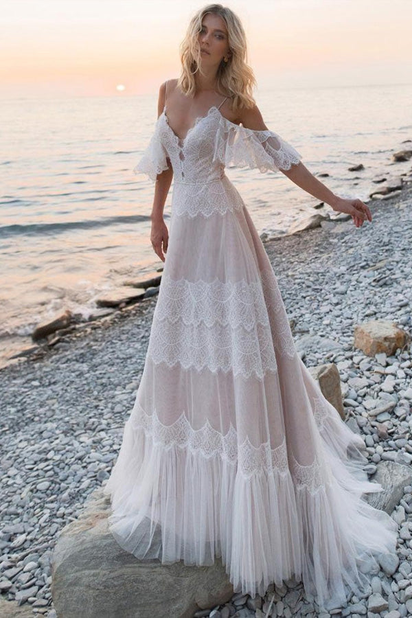 Open Shoulder Boho Wedding Dress Lace Beach Bridal Gown
