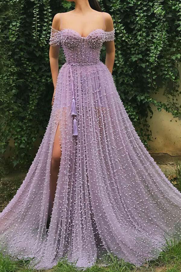 Open Shoulder Sweetheart Prom Dress Beading Evening Dress With Slit