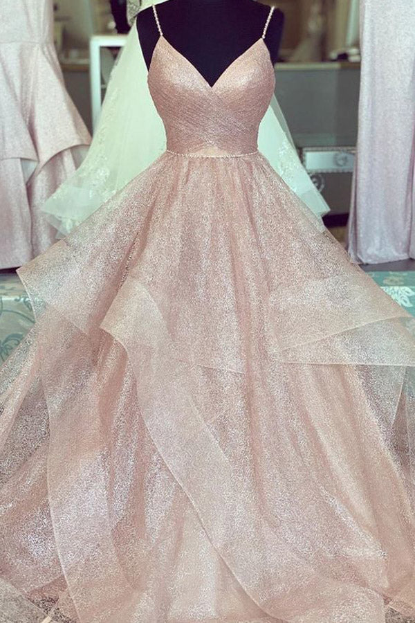 Pearl Pink Tulle Long Prom Dress  With Beading Belt