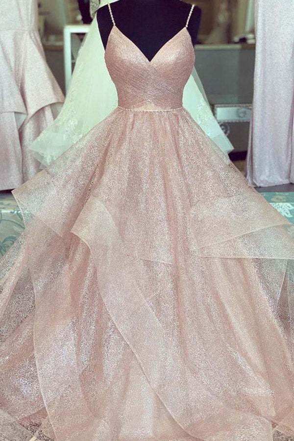 Pearl Pink Tulle Long Prom Dress  With Beading Belt
