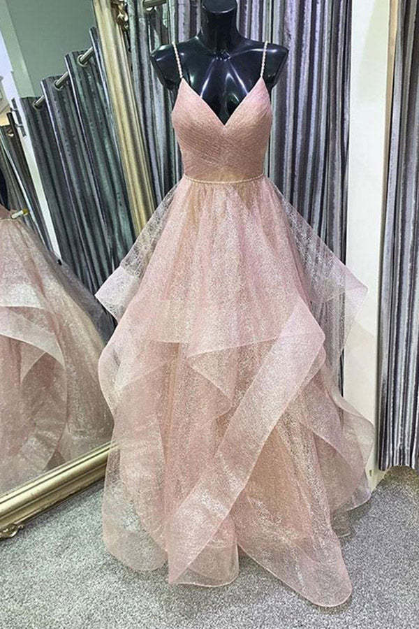 Pearl Pink Tulle Long Prom Dress  With Beading Belt