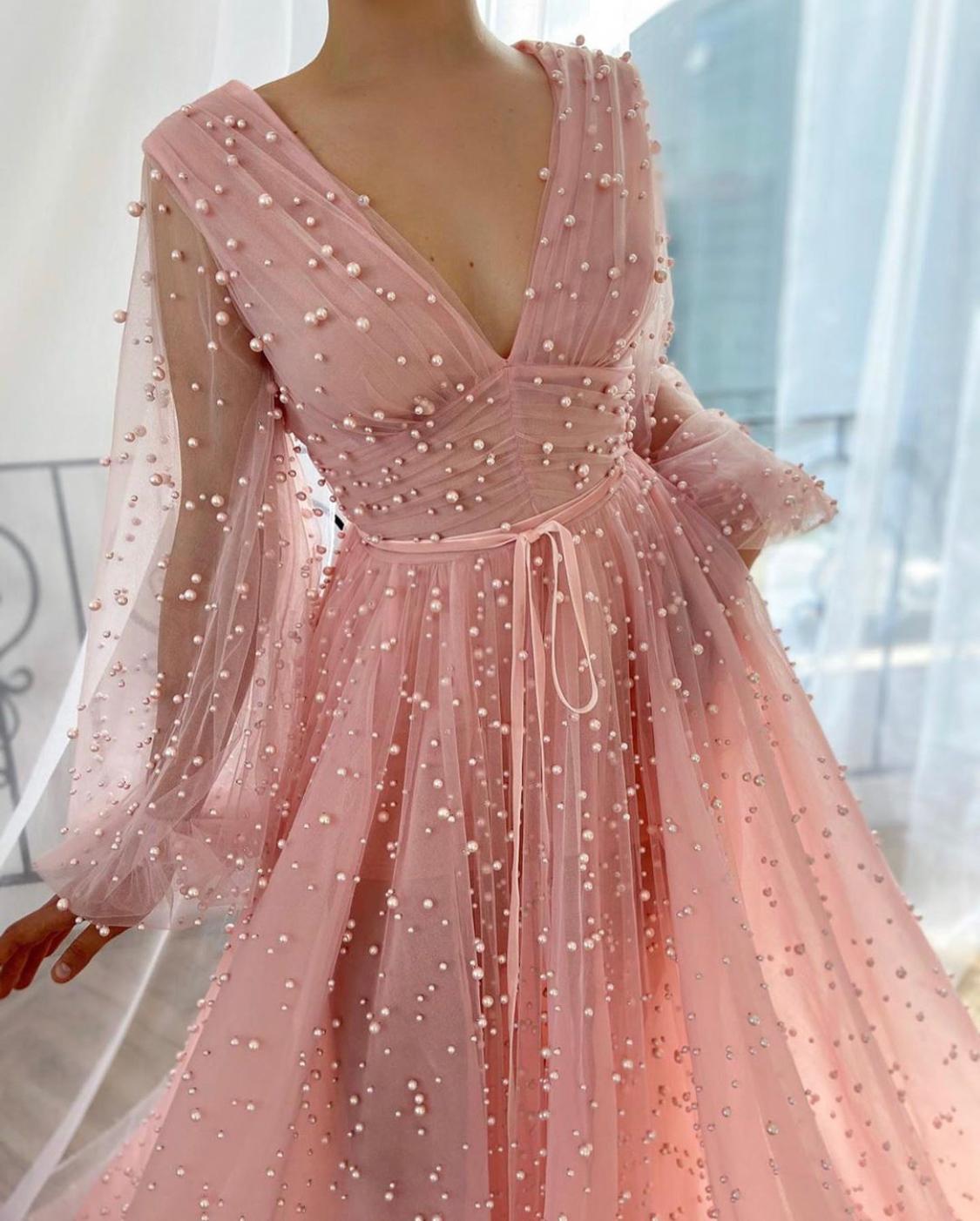 Pink A-line Long Sleeve Beads Prom Dress Long Party Dress