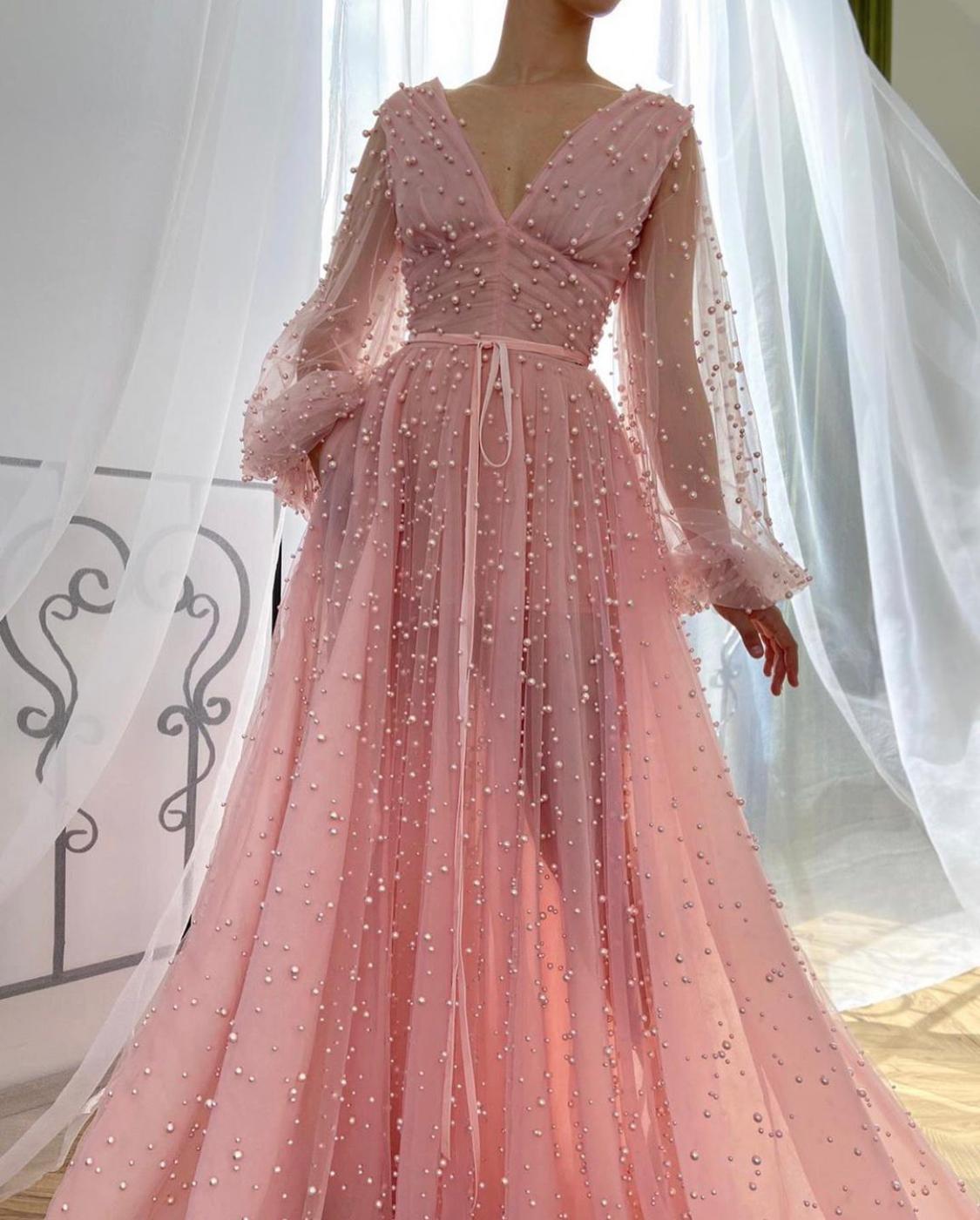 Pink A-line Long Sleeve Beads Prom Dress Long Party Dress
