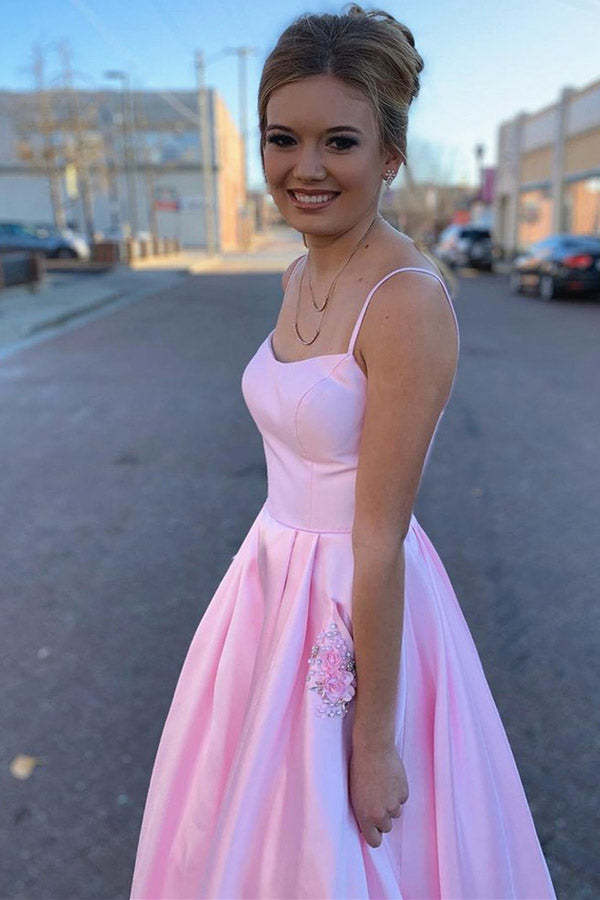 Pink Satin Spaghetti Straps Scoop Prom Dress With Pocket