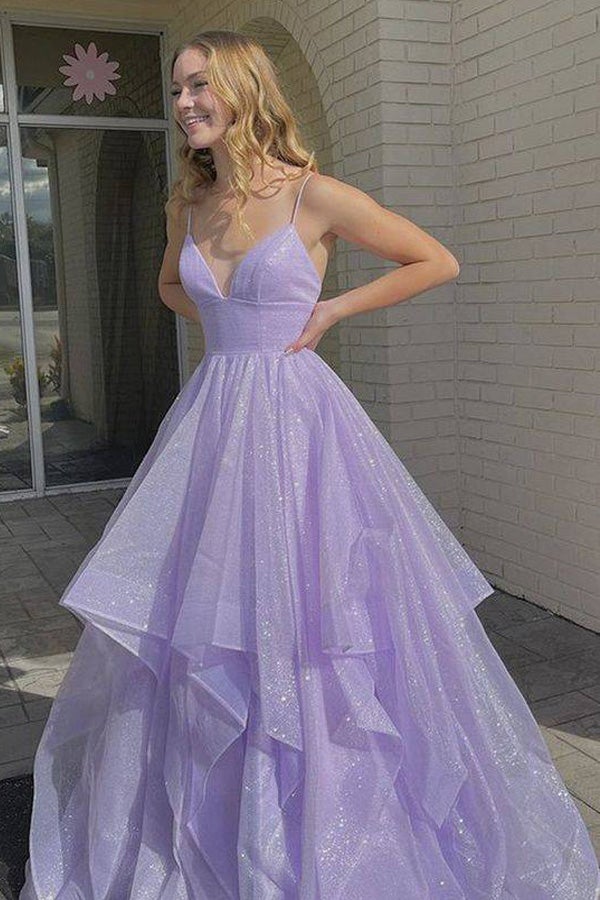 Puffy Lavender V Neck Long Prom Dress Shiny Backless Evening Dress