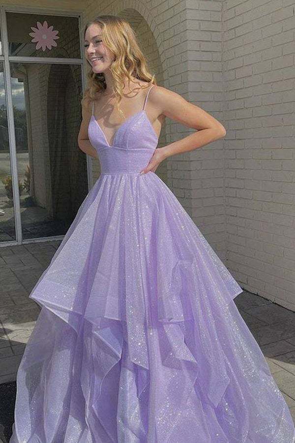 Puffy Lavender V Neck Long Prom Dress Shiny Backless Evening Dress
