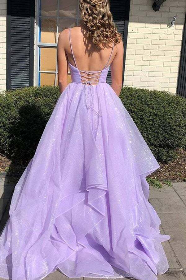 Puffy Lavender V Neck Long Prom Dress Shiny Backless Evening Dress