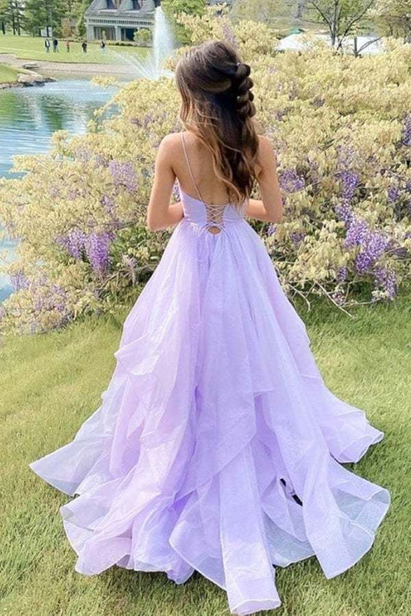 Puffy Lavender V Neck Long Prom Dress Shiny Backless Evening Dress