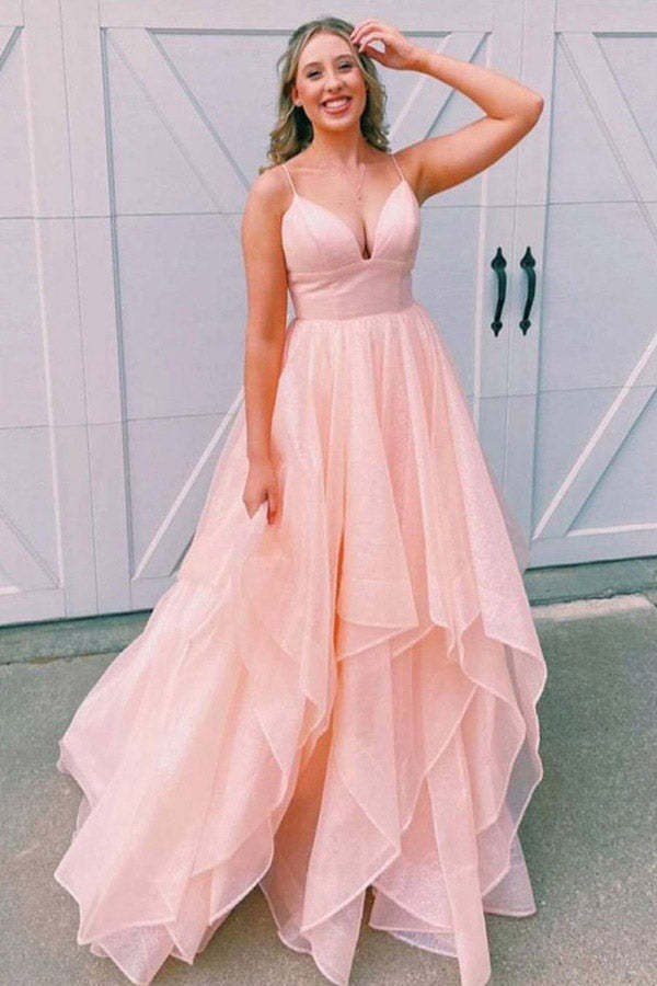 Puffy Lavender V Neck Long Prom Dress Shiny Backless Evening Dress