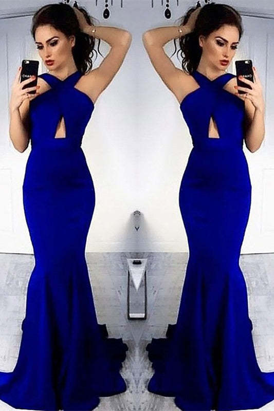 Regal Sapphire Halter Mermaid Evening Gown