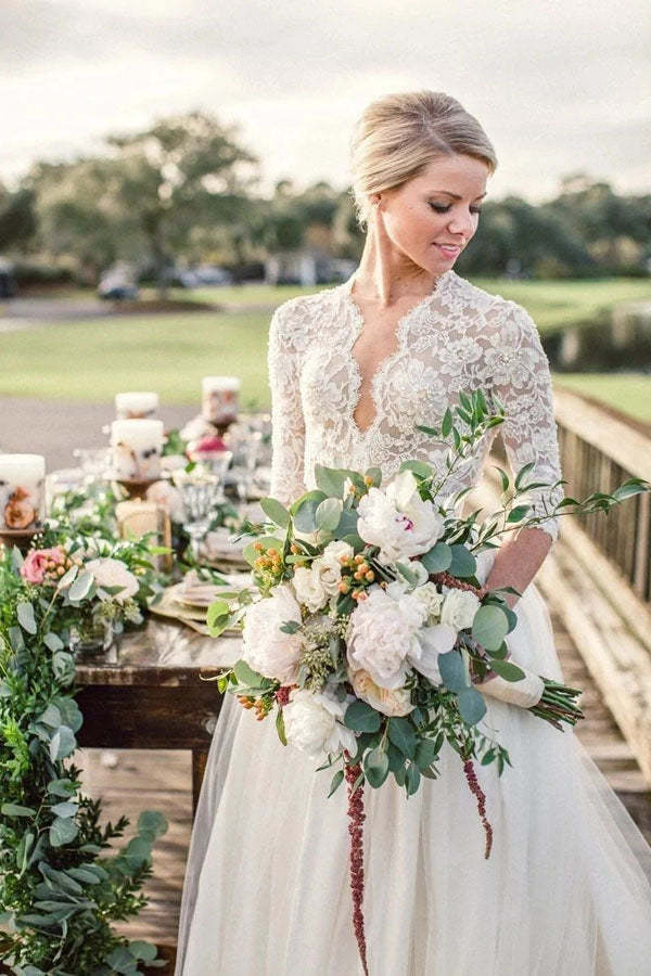Romantic 3/4 Sleeve Beaded  Ivory Tulle Wedding Dress With Lace Top