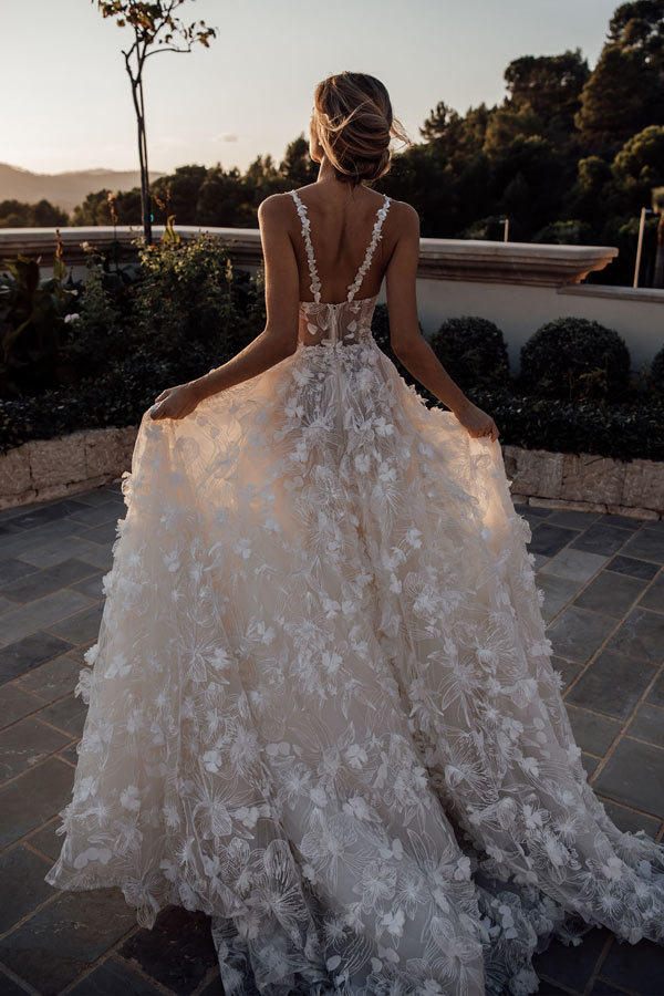 Romantic A Line Lace Flowers Ivory Wedding Dress WW276