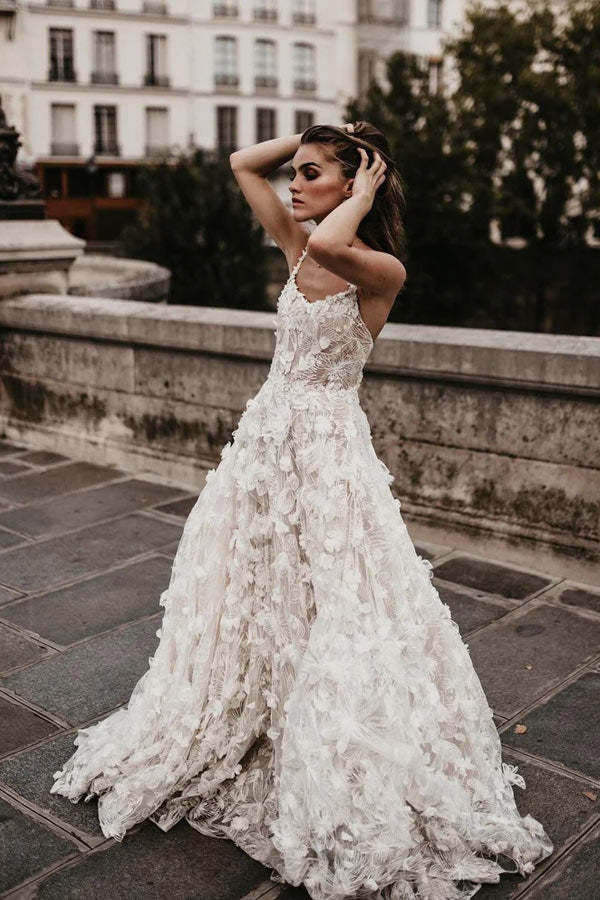 Romantic A Line Lace Flowers Ivory Wedding Dress WW276