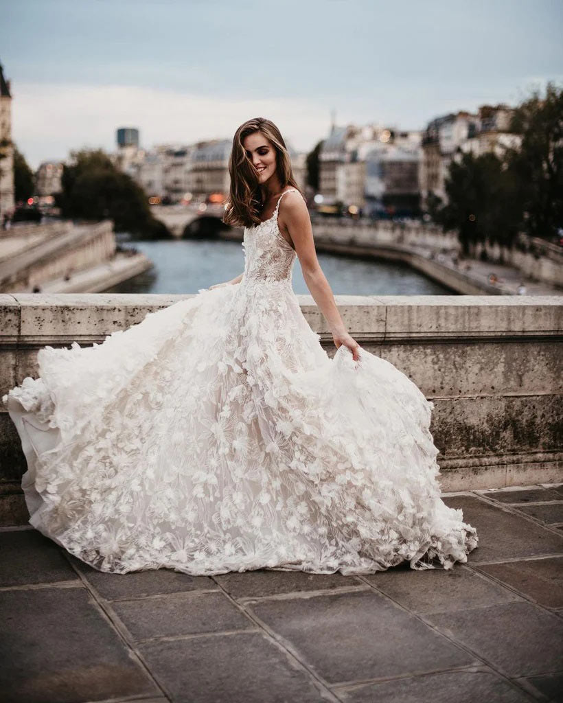 Romantic A Line Lace Flowers Ivory Wedding Dress WW276