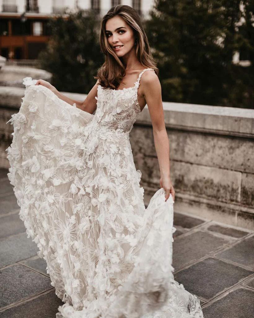 Romantic A Line Lace Flowers Ivory Wedding Dress WW276