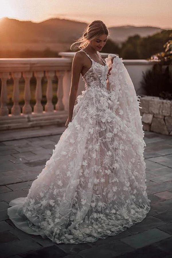 Romantic A Line Lace Flowers Ivory Wedding Dress WW276