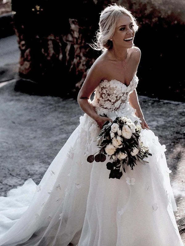 Romantic A Line Strapless Floral Appliqued Wedding Dress