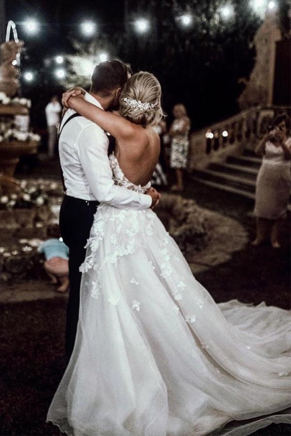 Romantic A Line Strapless Floral Appliqued Wedding Dress