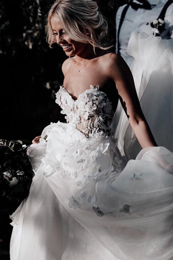 Romantic A Line Strapless Floral Appliqued Wedding Dress