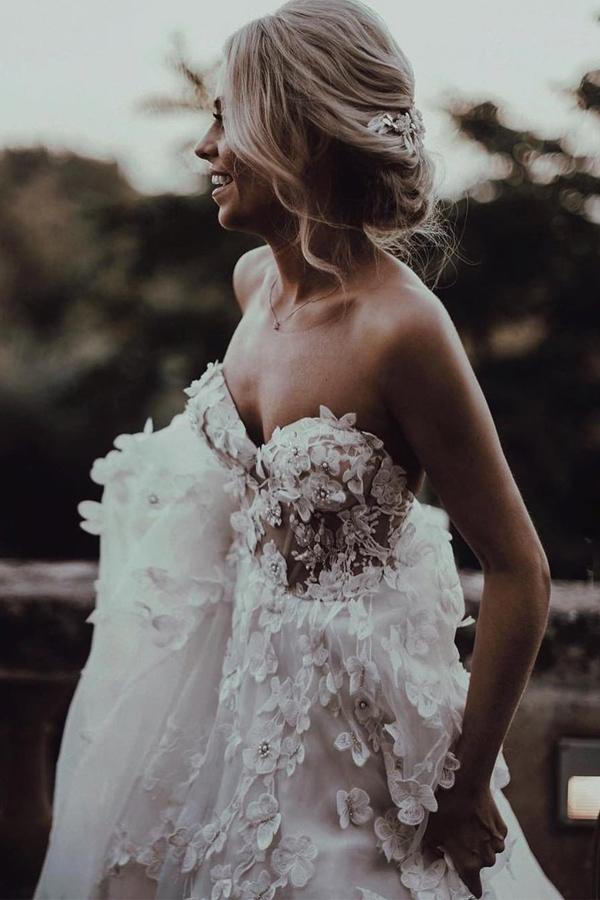 Romantic A Line Strapless Floral Appliqued Wedding Dress