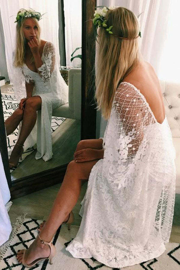 Romantic Bat Sleeve Lace Wedding Dress Sheath Bridal Gown