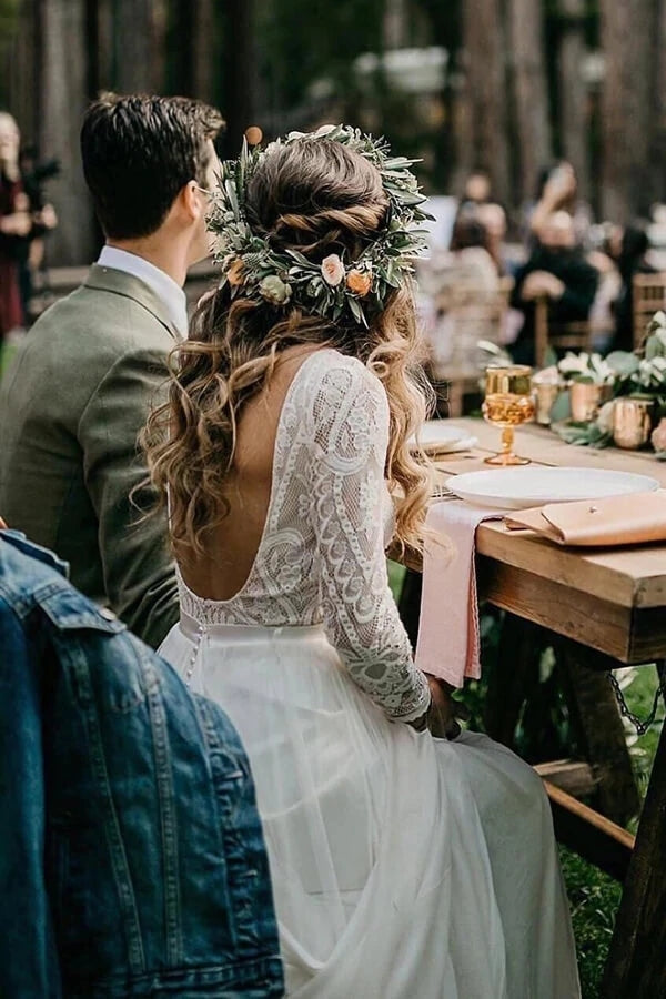 Romantic Ivory Chiffon Long Sleeve Wedding Dress Lace Bridal Gown