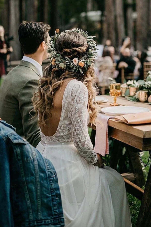 Romantic Ivory Chiffon Long Sleeve Wedding Dress Lace Bridal Gown