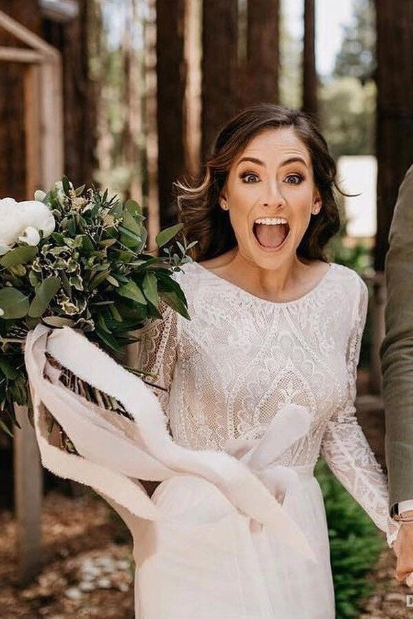 Romantic Ivory Chiffon Long Sleeve Wedding Dress Lace Bridal Gown