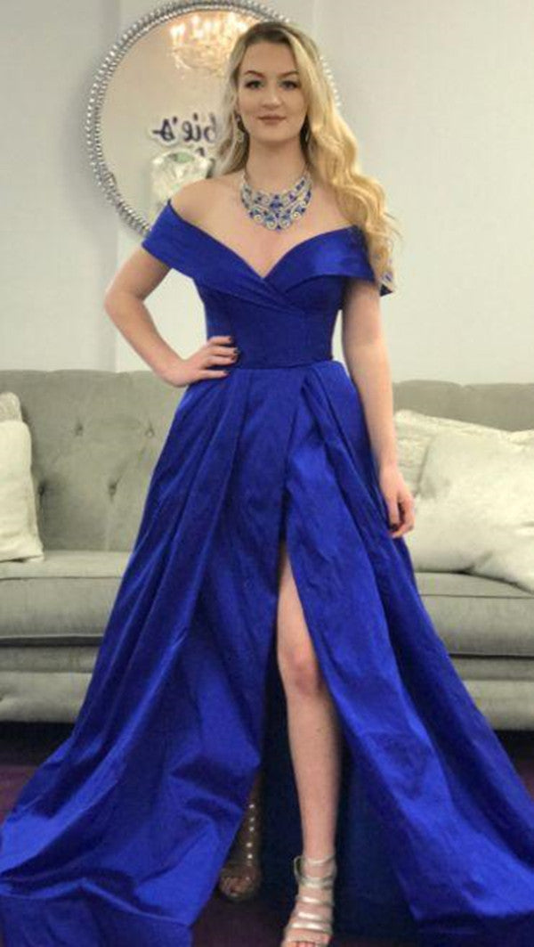 Royal Blue Off Shoulder Satin Long Prom Dresses with High Slit, Off Shoulder Royal Blue Formal Dresses, Royal Blue Evening Dresses
