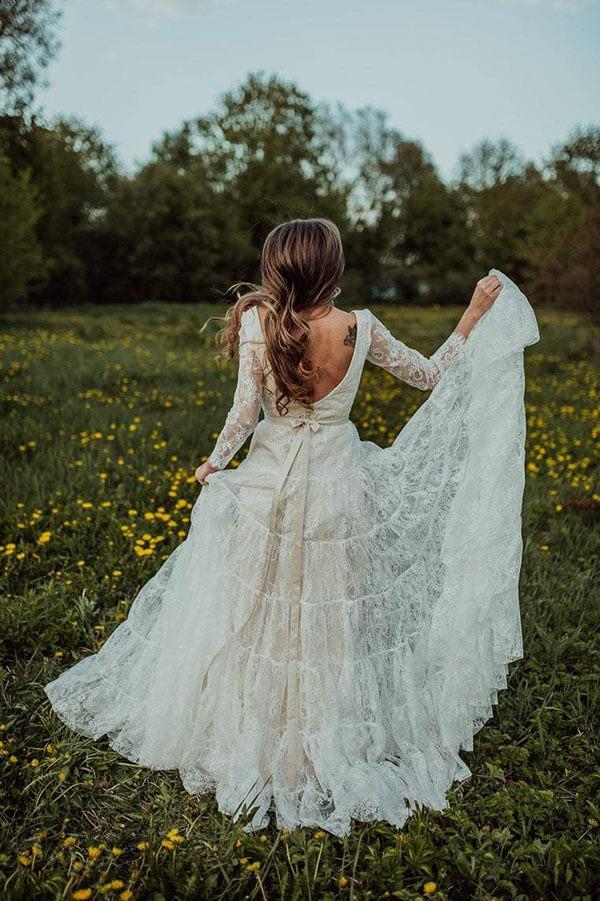 Rustic Long Sleeve Lace Wedding Dress Ivory Bridal Gown