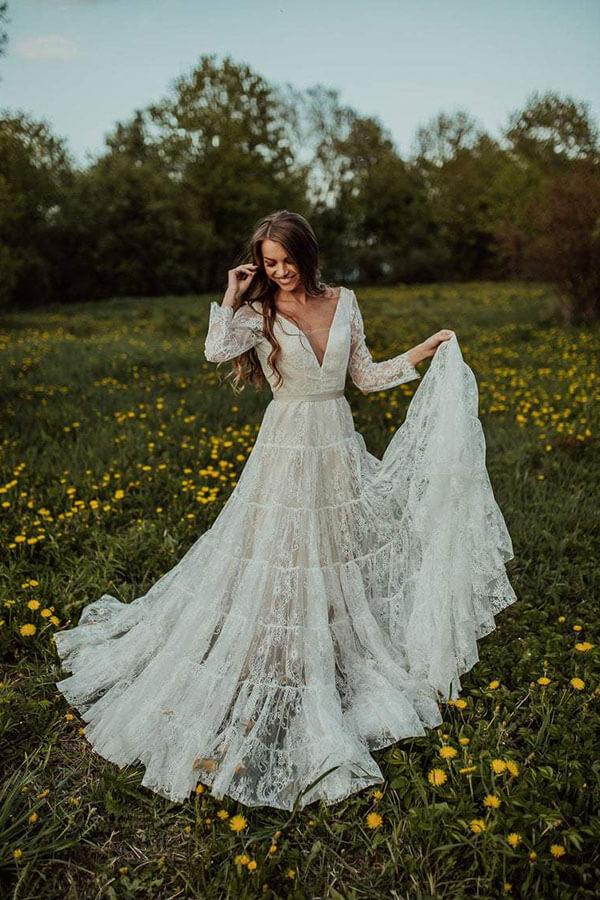 Rustic Long Sleeve Lace Wedding Dress Ivory Bridal Gown