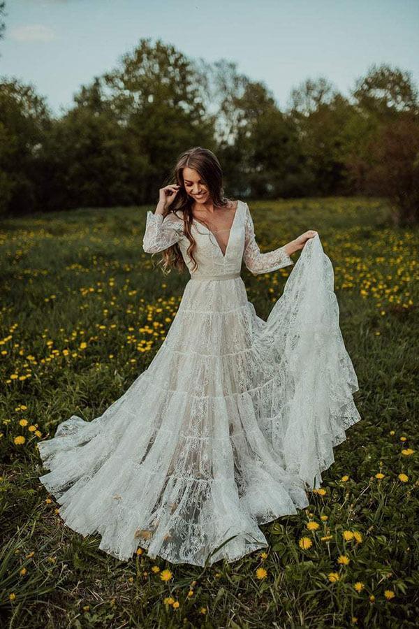 Rustic Long Sleeve Lace Wedding Dress Ivory Bridal Gown