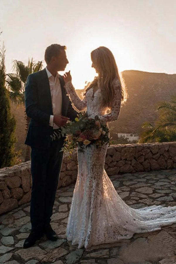 Rustic Mermaid Long Sleeve White Lace wedding Dress