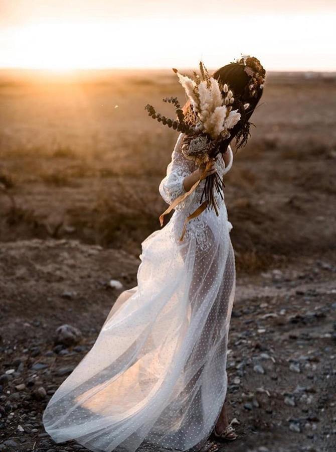 Rustic Polka Dot Lace Wedding Dress See Through Boho Bridal Dress