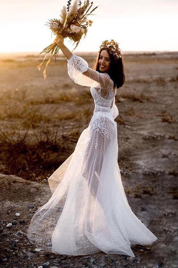 Rustic Polka Dot Lace Wedding Dress See Through Boho Bridal Dress