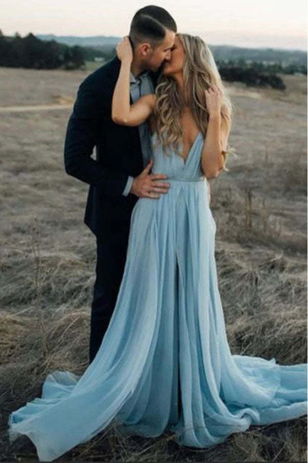 Rustic Sky Blue Chiffon Wedding Dress Slit Prom Dress