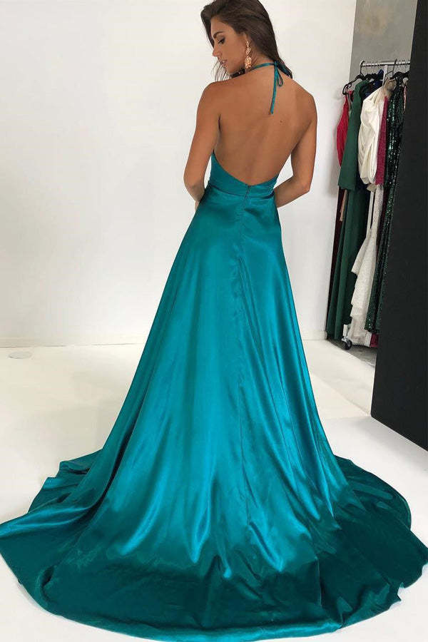 Satin Halter Long Prom Dress Backless Evening Dress