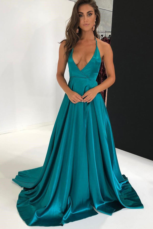 Satin Halter Long Prom Dress Backless Evening Dress