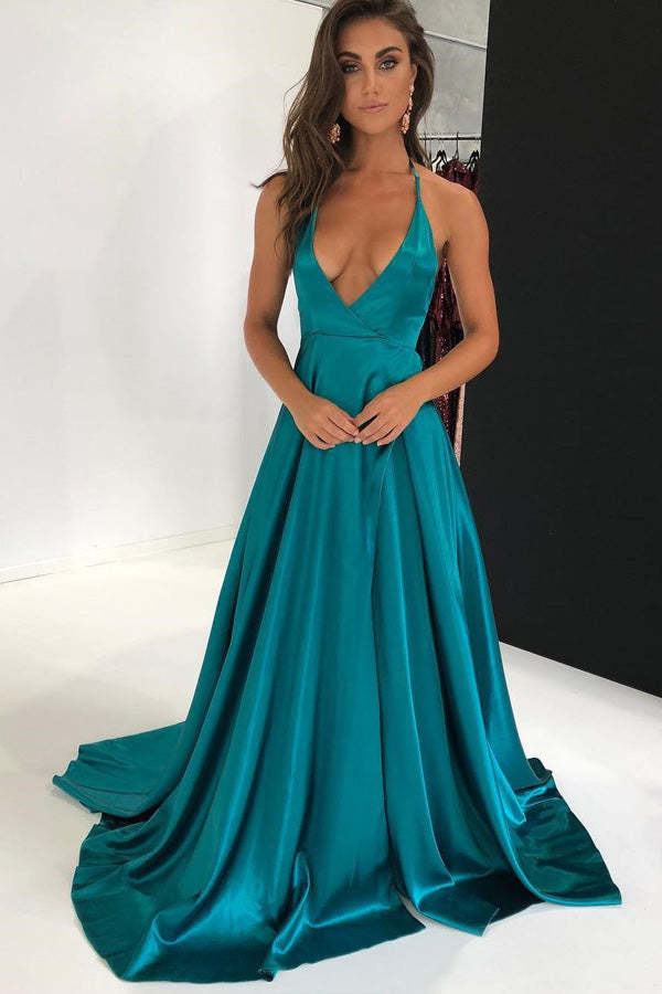 Satin Halter Long Prom Dress Backless Evening Dress