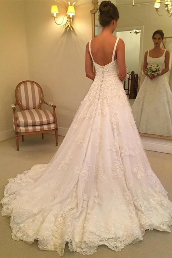 Scoop Neck White Lace Wedding Dress Backless Bridal Gown