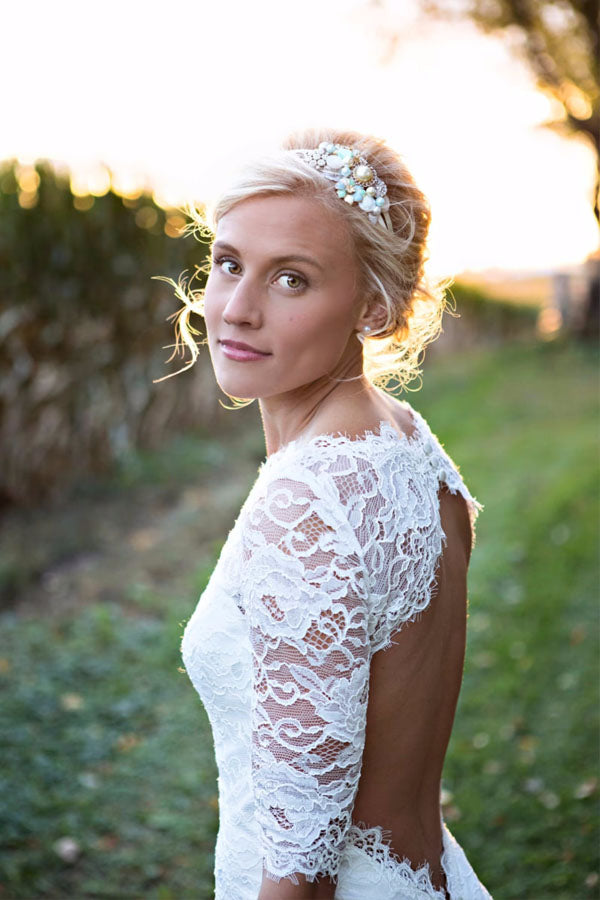 See Through Lace Half Sleeve Beach Wedding Dress